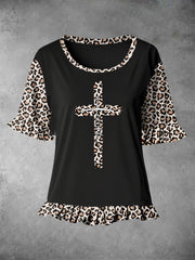 Women's Faith Leopard Print Ruffle Hem Stitching Tee