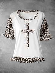 Women's Faith Leopard Print Ruffle Hem Stitching Tee