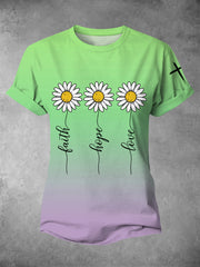 Women's Faith Hope Love Daisy Gradient Print Casual Tee