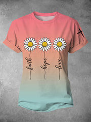Women's Faith Hope Love Daisy Gradient Print Casual Tee