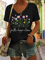 Women's Floral Faith Hope Love Print Casual V-Neck Tee