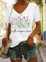 Women's Floral Faith Hope Love Print Casual V-Neck Tee