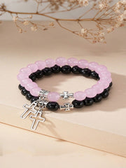 Unisex Couple's Cross Glass Beaded Bracelet Set