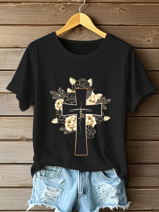 Women's Faith Cross Flowers Short Sleeve T-Shirt