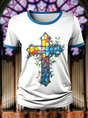 Women's Faith Art Glass Cross Print T-shirt