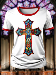 Women's Faith Art Glass Cross Print T-shirt
