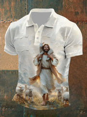 Men's Parable Of The Lost Sheep, Jesus Leaves The 99 Print Button T-Shirt