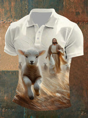 Men's Parable Of The Lost Sheep, Jesus Leaves The 99 Print Button T-Shirt