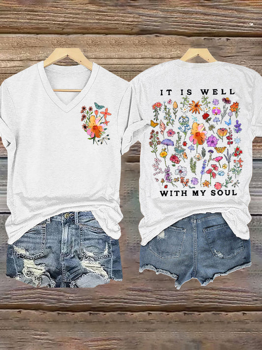 Women's It is Well With My Soul Floral V-Neck T-Shirt