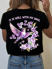 Women's It is Well With My Soul Floral Hummingbird Print T-Shirt