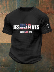 Men's Jesus Saves USA Waffle Print Casual T-Shirt