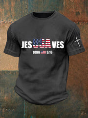 Men's Jesus Saves USA Waffle Print Casual T-Shirt