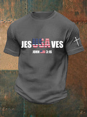 Men's Jesus Saves USA Waffle Print Casual T-Shirt