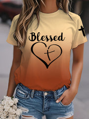 Women's Blessed Love Heart Gradient Print Casual Tee