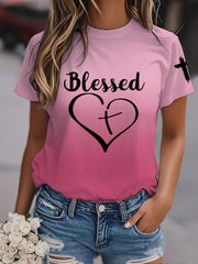 Women's Blessed Love Heart Gradient Print Casual Tee