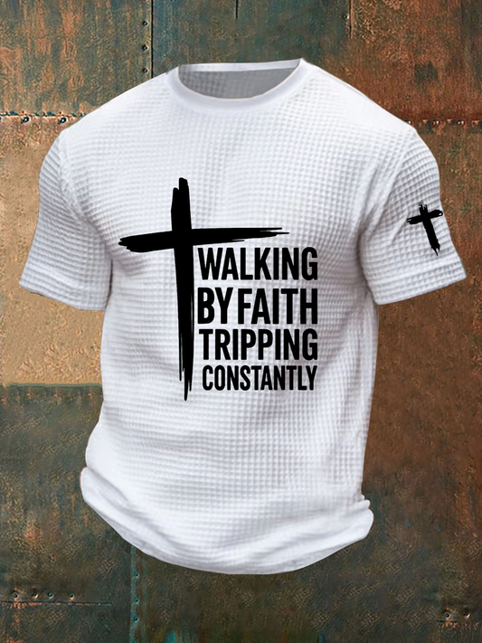Men's Walking By Faith Tripping Constantly Waffle Print Casual T-Shirt