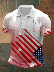 Men's Faith Cross American Flag Printed Casual Polo Shirt
