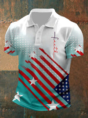 Men's Faith Cross American Flag Printed Casual Polo Shirt