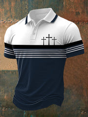 Men's Faith Cross Stripes Print Casual Polo