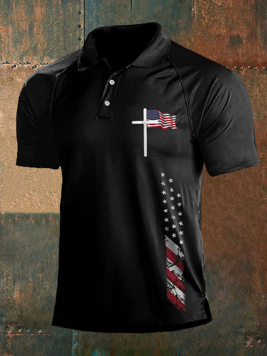 Men's Faith Cross American Flag Print Casual Polo