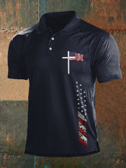 Men's Faith Cross American Flag Print Casual Polo