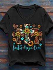 Women's Western Cross Faith Print Casual V-Neck Tee