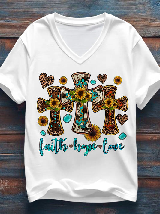 Women's Western Cross Faith Print Casual V-Neck Tee