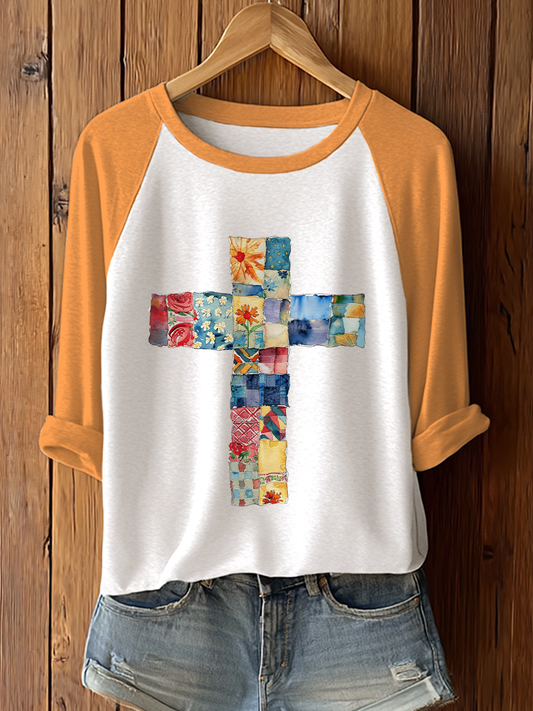 Women's Patchwork Art Cross Print Casual T-shirt