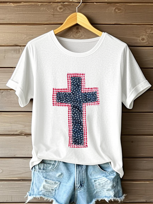 Women's Patchwork Art Cross Print Casual T-shirt