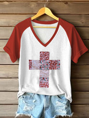 Women's Patchwork Art Cross Print Casual T-shirt