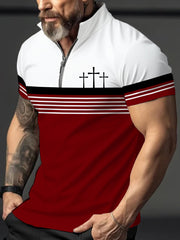 Men's Cross Faith Stripes Print Casual Zipper Top