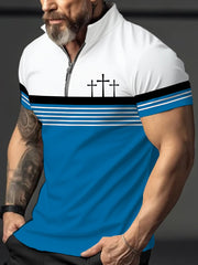 Men's Cross Faith Stripes Print Casual Zipper Top