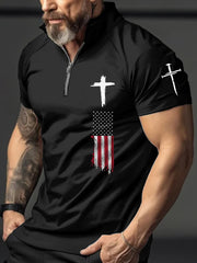Men's Cross Faith American Flag Print Casual Zipper Top