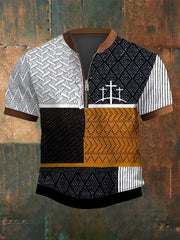 Men's Faith Contrast Textured Printed Zip-Up Short Sleeve Top