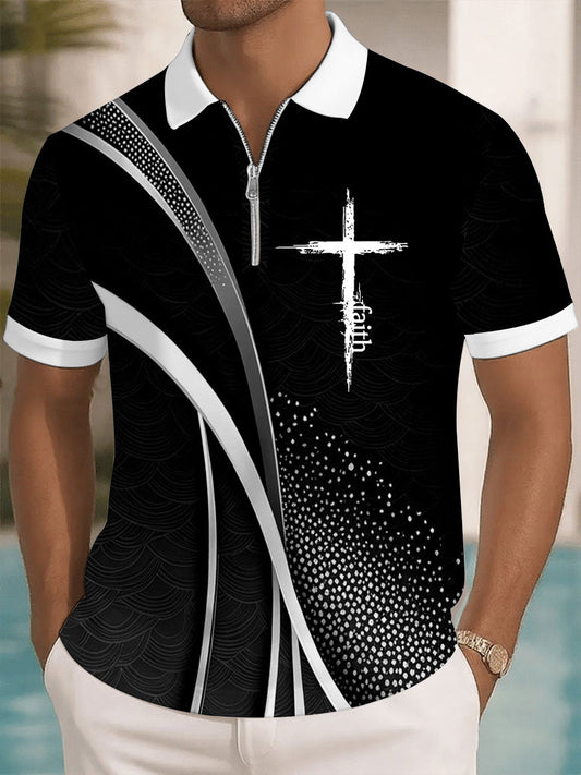 Men's Faith Cross Printed Casual Zip-Up Top