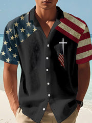 Men's Casual Vintage American Flag Cross Waffle Short Sleeve Shirt