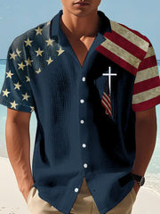 Men's Casual Vintage American Flag Cross Waffle Short Sleeve Shirt