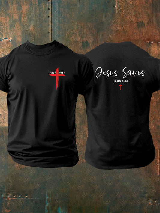 Men's Jesus Saves John 3:16 Faith Cross Print Casual Short Sleeve T-shirt