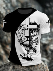 Men's Jesus Praying With Lion Print Short Sleeve T-Shirt