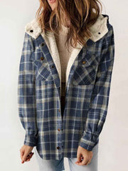 Women's Autumn/Winter Plaid Jacket Long Sleeve Buckle Hooded Jacket Warm Coat