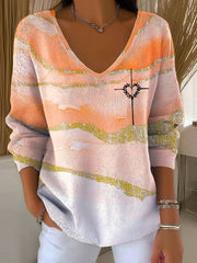 Women's Cross Print Large V-neck Five-quarter Sleeve Top