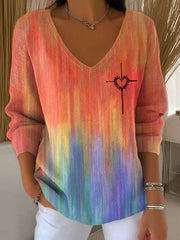 Women's Cross Print Large V-neck Five-quarter Sleeve Top