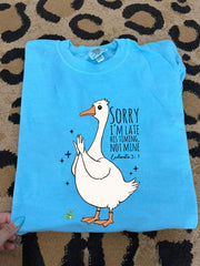 Women's Sorry I'm Late His Timing Not Mine Ecclesiastes 3:1 Funny Silly Goose Print Religious Humor Tee