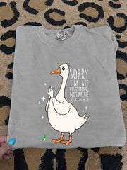 Women's Sorry I'm Late His Timing Not Mine Ecclesiastes 3:1 Funny Silly Goose Print Religious Humor Tee