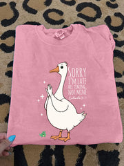 Women's Sorry I'm Late His Timing Not Mine Ecclesiastes 3:1 Funny Silly Goose Print Religious Humor Tee