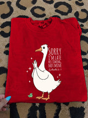Women's Sorry I'm Late His Timing Not Mine Ecclesiastes 3:1 Funny Silly Goose Print Religious Humor Tee