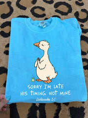 Women's Sorry I'm Late His Timing Not Mine Ecclesiastes 3:1 Funny Silly Goose Print Religious Humor Tee