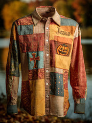 Men's Retro Faith Cross Casual Halloween Art Print Long Sleeve Shirt