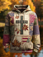 Men's Retro Casual Faith Cross Art Print Oversized Drop-Shoulder Pockets Hoodie