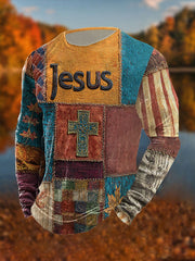 Men's Retro Casual Faith Cross Art Print Long Sleeve T-shirt